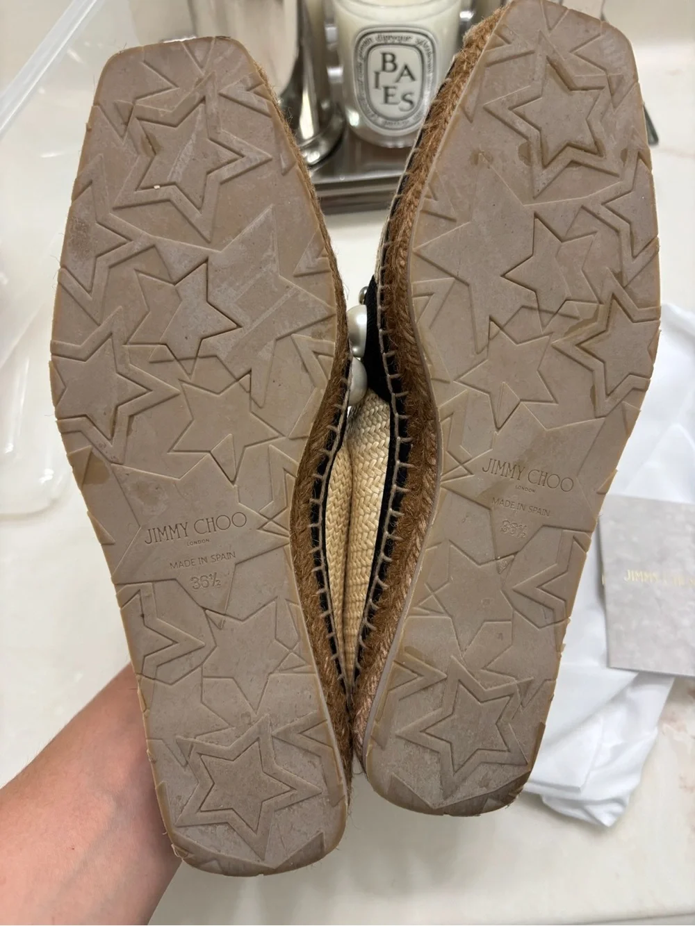 Jimmy Choo Natural Straw Slip-On Flats with Black Trim and Pearl Embellishments